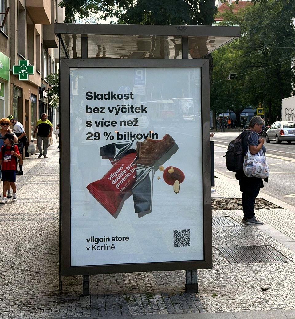 The protein bar poster at a tram stop in Karlín
